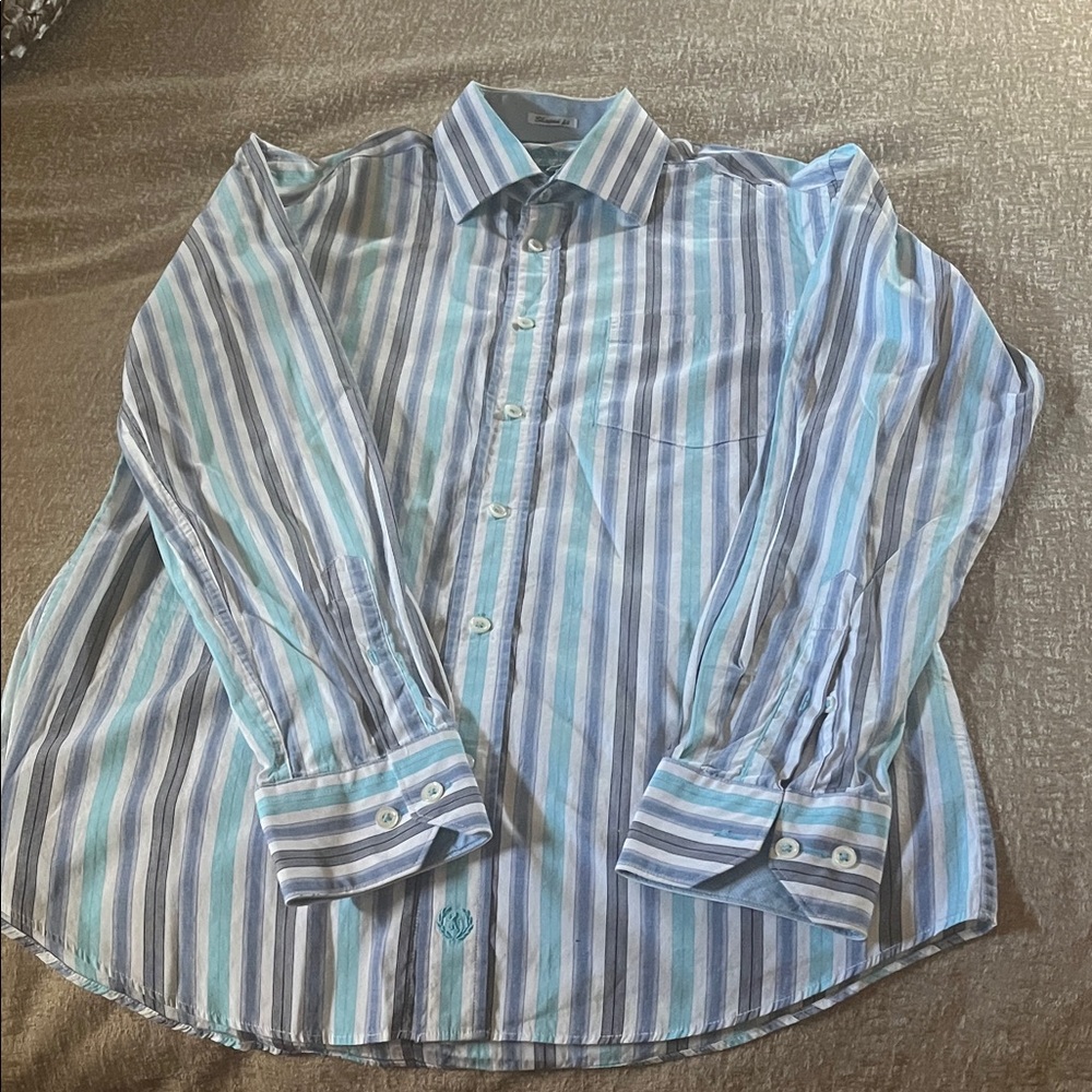 Men's  Bugatchi Striped Button-Up Shirt in Blue and White